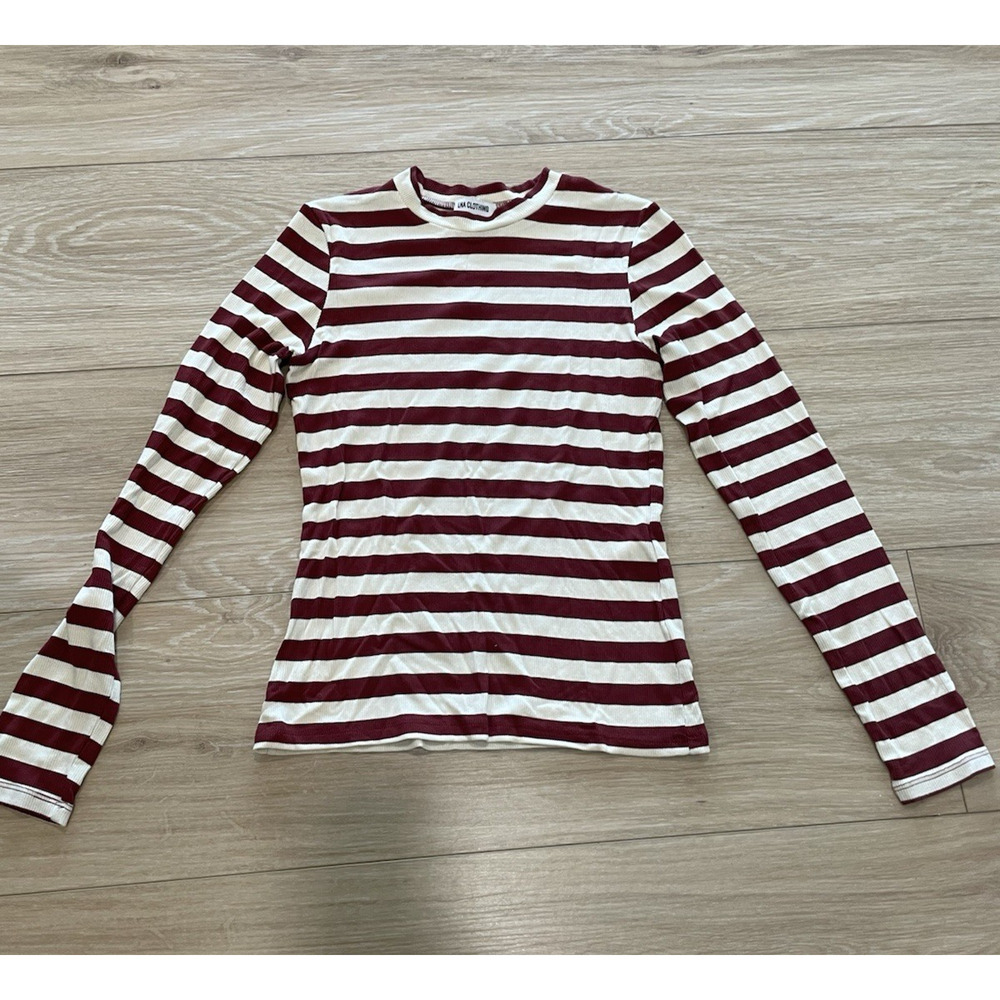 Evereve LNA Clothing Women's Small Long Sleeve Trendy Striped Maroon White Therm